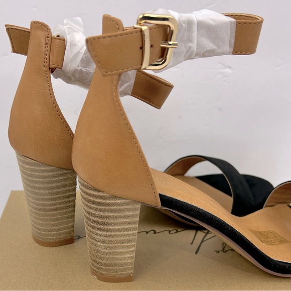 VINTAGE HAVANA, BLACK & TAN OPEN TOE MIDTOP, ADJUSTABLE ANKLE LOOP WITH BUCKLE - Picture 11 of 14